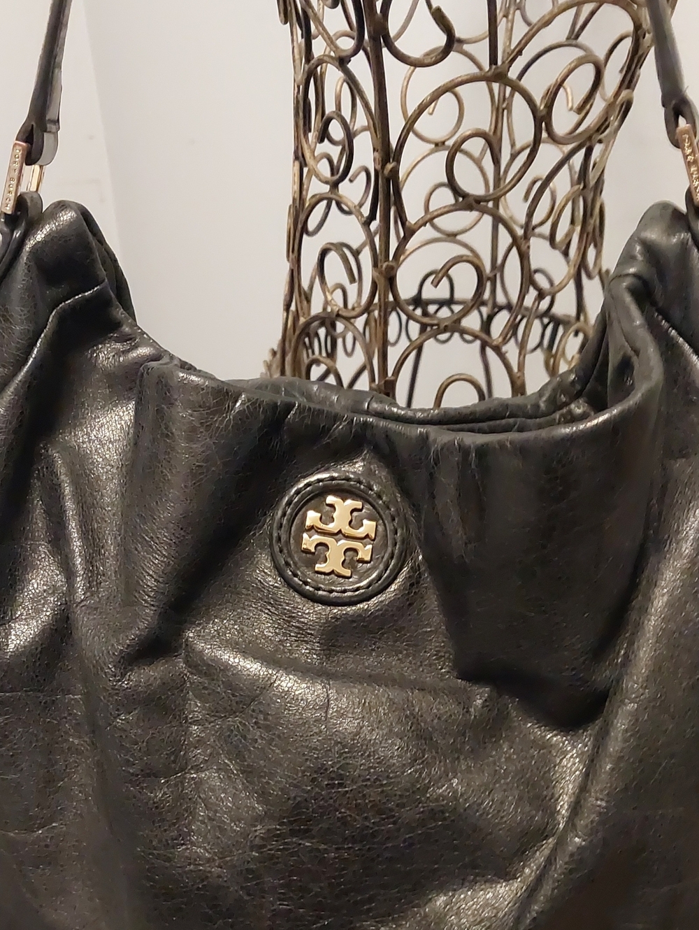Tory Burch Black Leather Hobo Shoulder Bag with Gold Logo